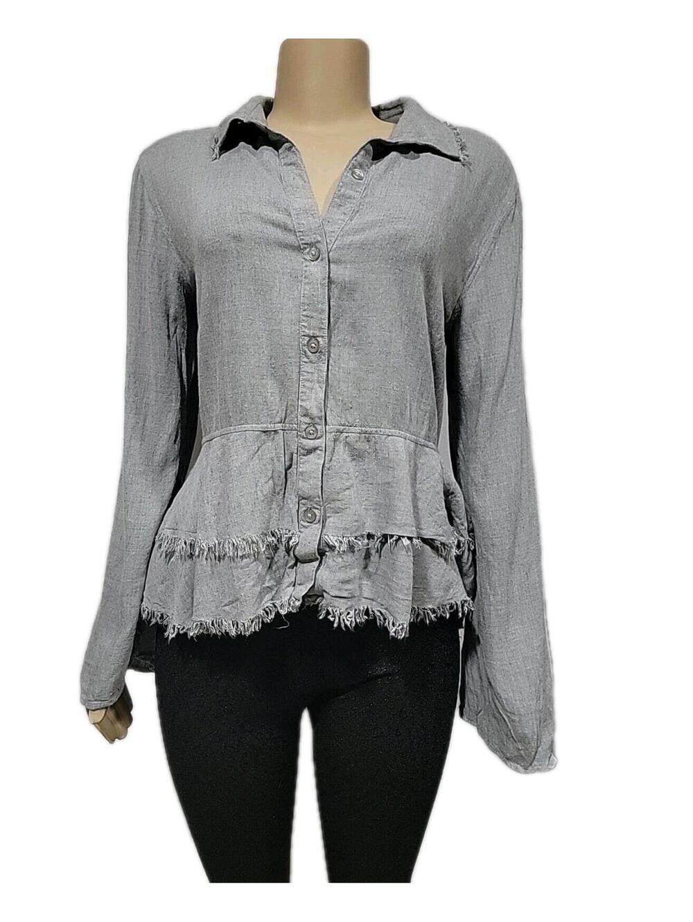 Cloth & Stone Womens Top Size M Tiered Button Up Shirt Frayed Hem Gray Blouse #C - Picture 6 of 9